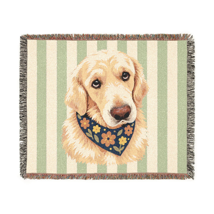 Custom Dog Portrait Woven Blanket - Sage Green and Cream Stripes, Floral Bandana Pet Throw, 60 x 50