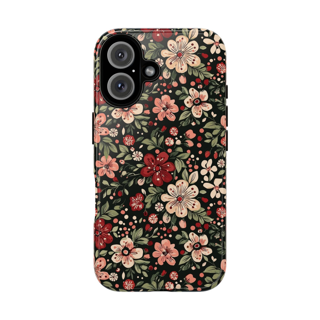 Retro Christmas Floral Tough iPhone Case, Dark Botanical Pink Red Flower Phone Cover, Matte or Glossy