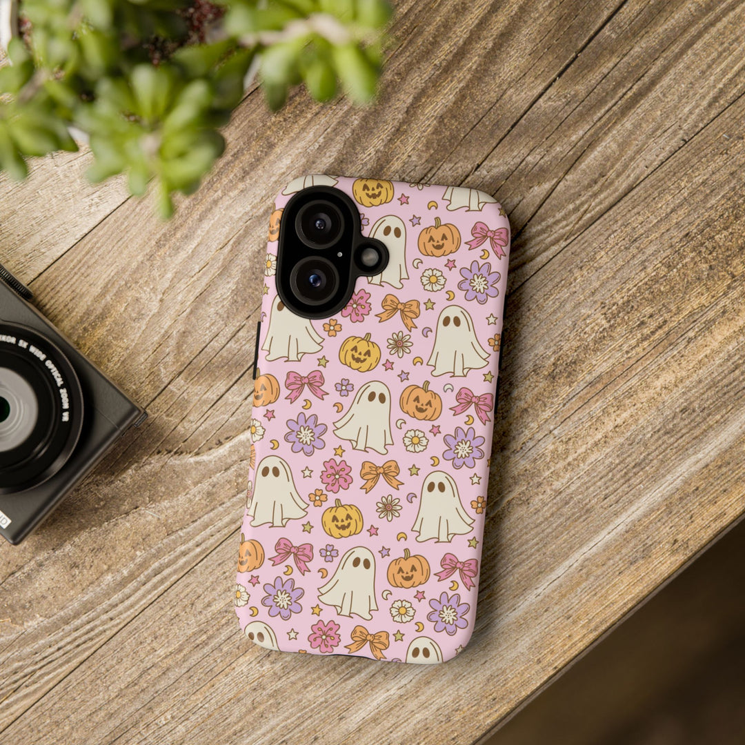 Vintage Ghost Floral Tough iPhone Case, Pink Halloween Pumpkin Bow Phone Cover, Matte or Glossy