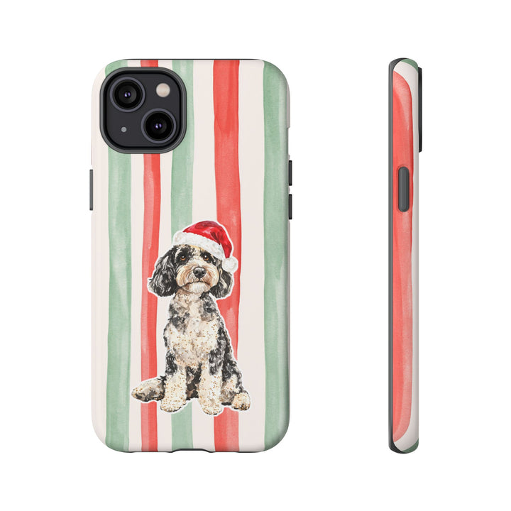 Doodle Christmas Tough iPhone Case, Red Sage Stripes, Santa Dog Phone Cover