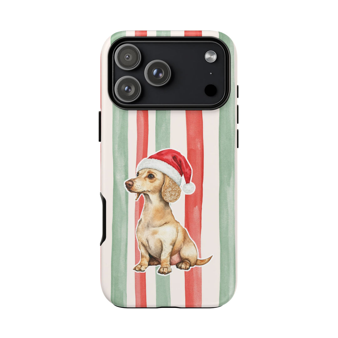 Dachshund Christmas Tough iPhone Case, Red Sage Stripes, Santa Dog Phone Cover