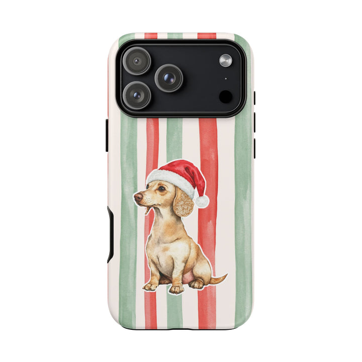 Dachshund Christmas Tough iPhone Case, Red Sage Stripes, Santa Dog Phone Cover