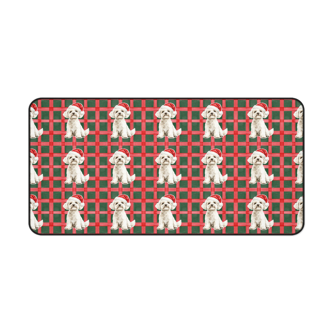 Maltese Christmas Desk Mat, Red Green Plaid, Santa Dog Desk Pad