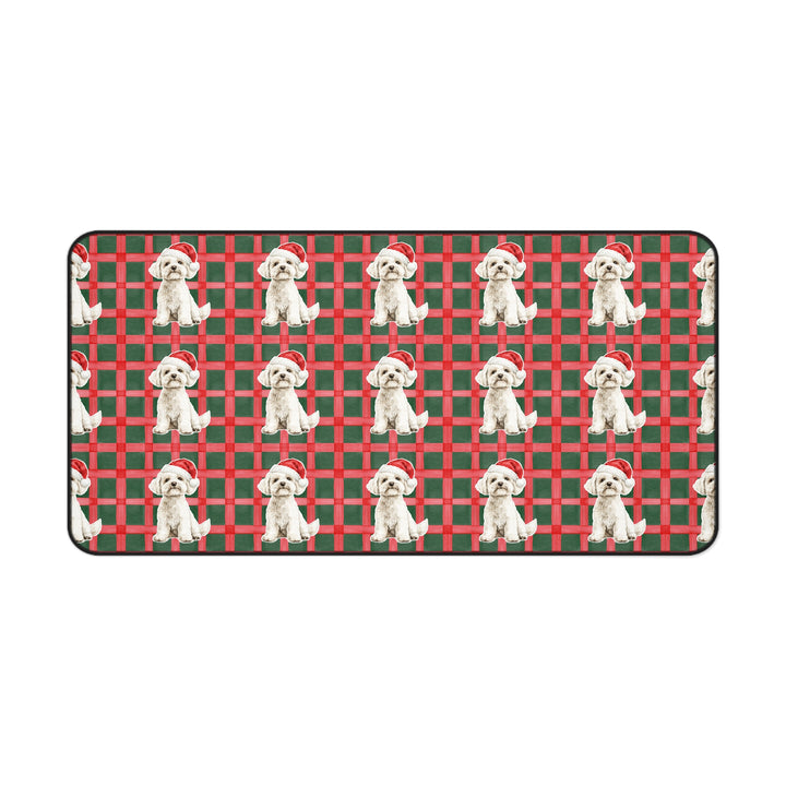 Maltese Christmas Desk Mat, Red Green Plaid, Santa Dog Desk Pad