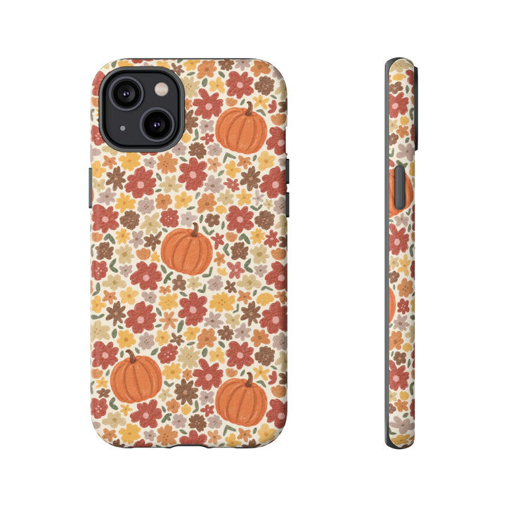 Floral Pumpkin Tough iPhone Case, Warm Autumn Flowers Fall Phone Cover, Matte or Glossy