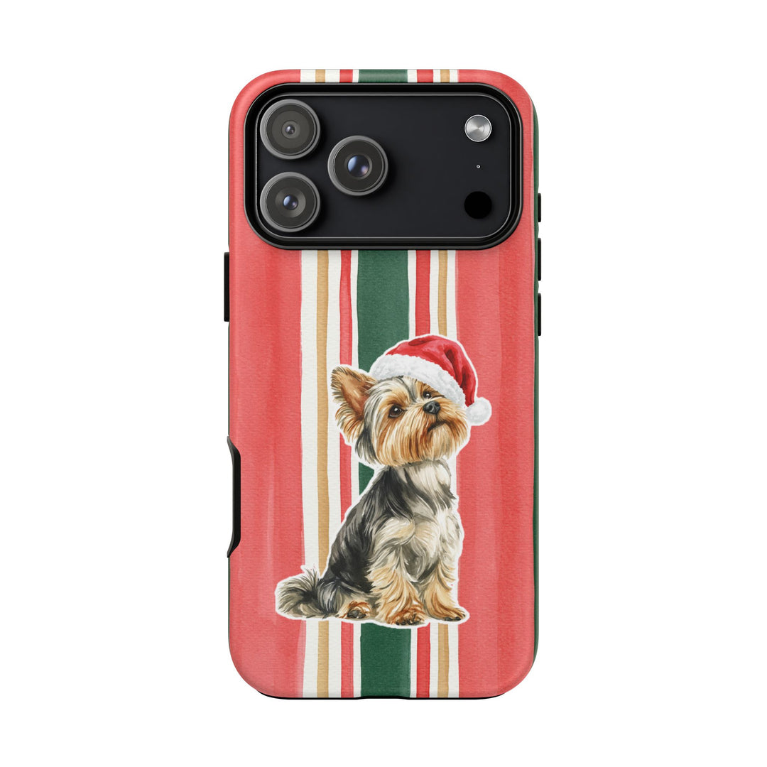 Yorkshire Terrier Christmas Tough iPhone Case, Classic Red Green Stripes, Santa Dog Phone Cover