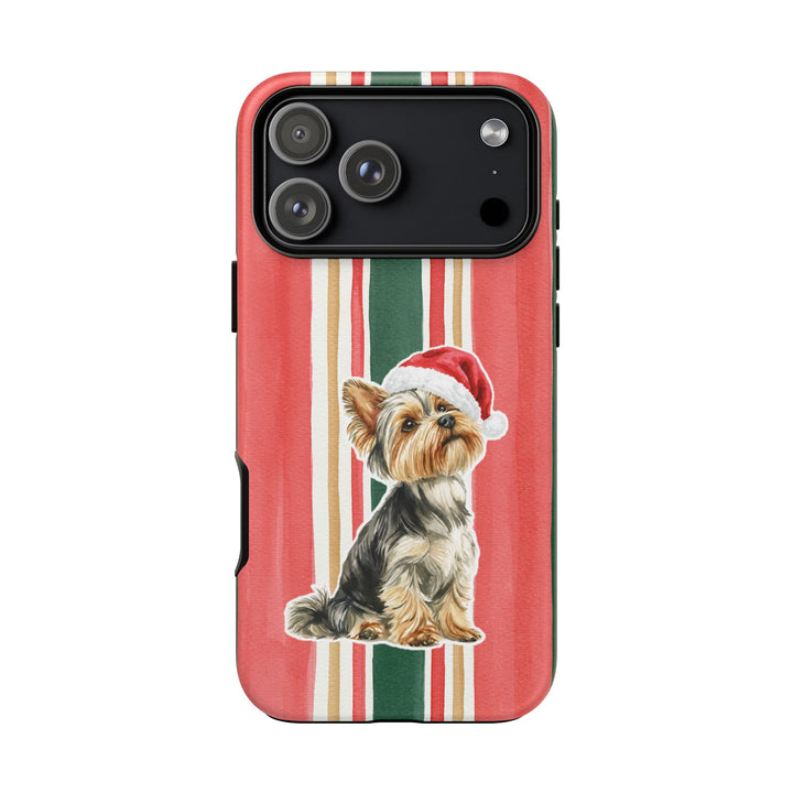 Yorkshire Terrier Christmas Tough iPhone Case, Classic Red Green Stripes, Santa Dog Phone Cover