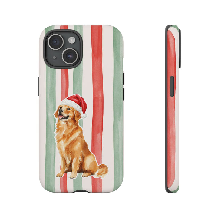 Golden Retriever Christmas Tough iPhone Case, Red Sage Stripes, Santa Dog Phone Cover