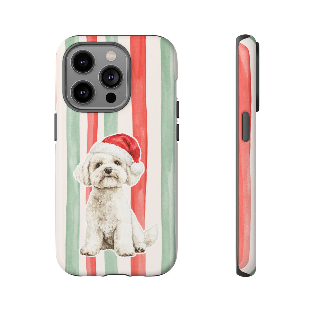 Maltese Christmas Tough iPhone Case, Red Sage Stripes, Santa Dog Phone Cover