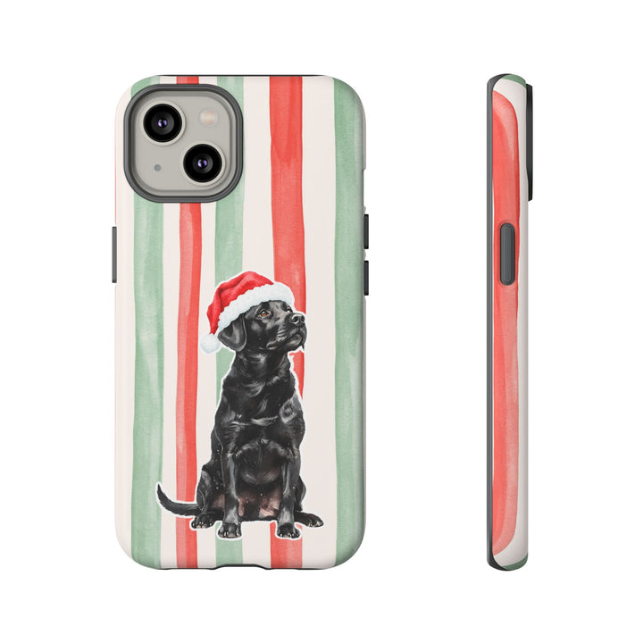 Black Labrador Christmas Tough iPhone Case, Red Sage Stripes, Santa Dog Phone Cover