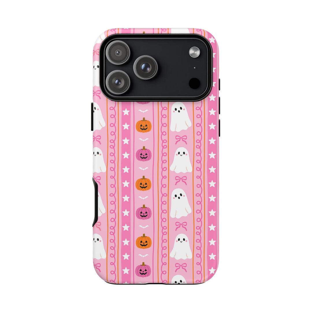Pink Ghost Stripe Tough iPhone Case, Cute Halloween Pumpkin Bow Phone Cover, Matte or Glossy