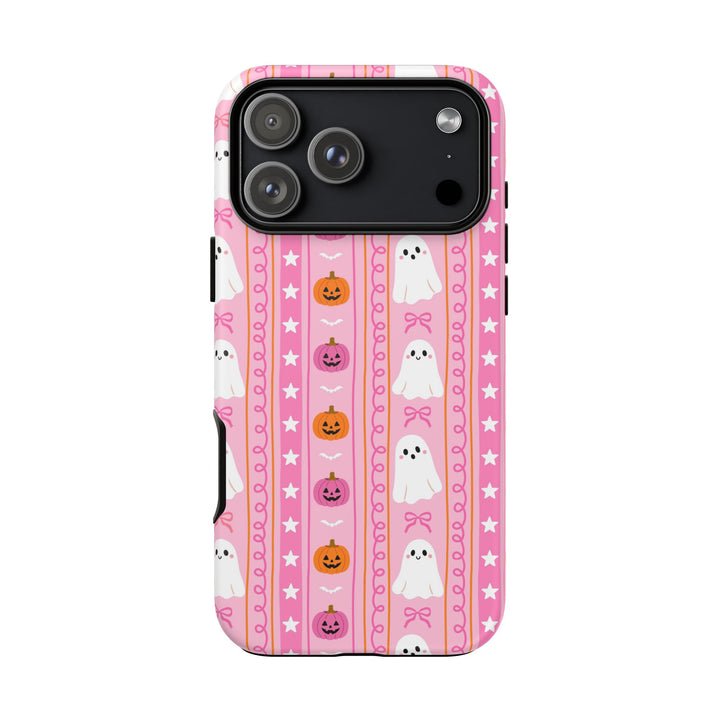 Pink Ghost Stripe Tough iPhone Case, Cute Halloween Pumpkin Bow Phone Cover, Matte or Glossy