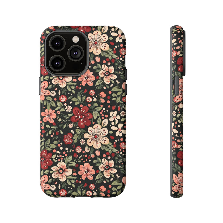 Retro Christmas Floral Tough iPhone Case, Dark Botanical Pink Red Flower Phone Cover, Matte or Glossy