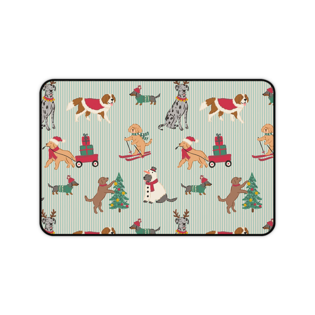 Christmas Dogs Desk Mat, Green Stripe Holiday Dog Desk Pad, Festive Office Decor