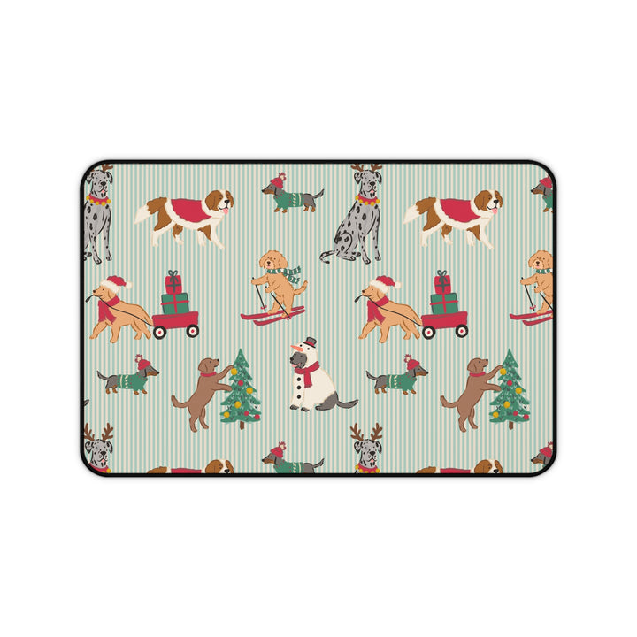 Christmas Dogs Desk Mat, Green Stripe Holiday Dog Desk Pad, Festive Office Decor
