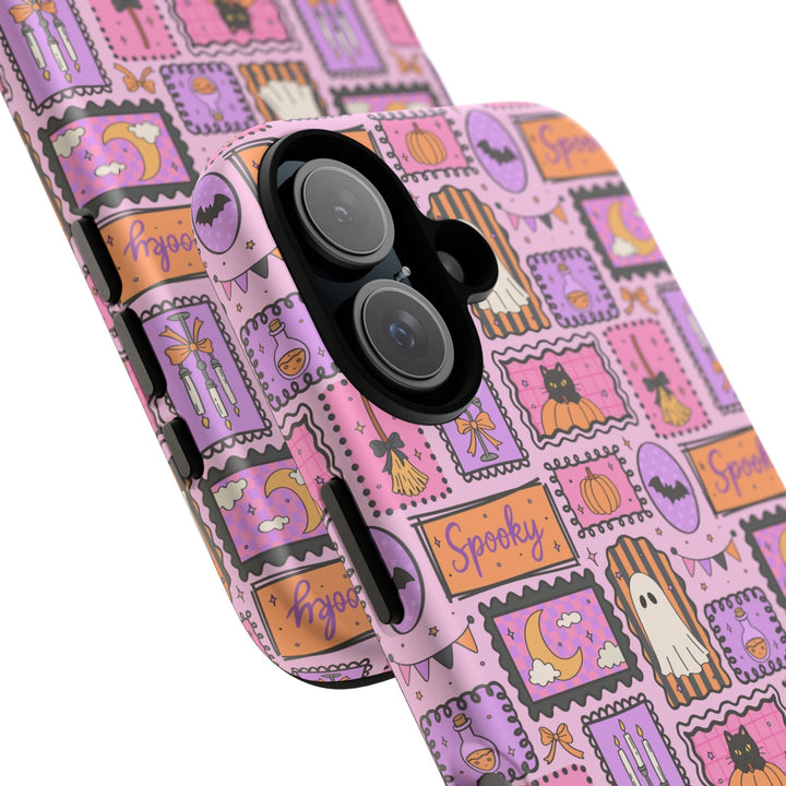 Pink Spooky Frames Tough iPhone Case, Halloween Ghost Black Cat Pumpkin Phone Cover, Matte or Glossy