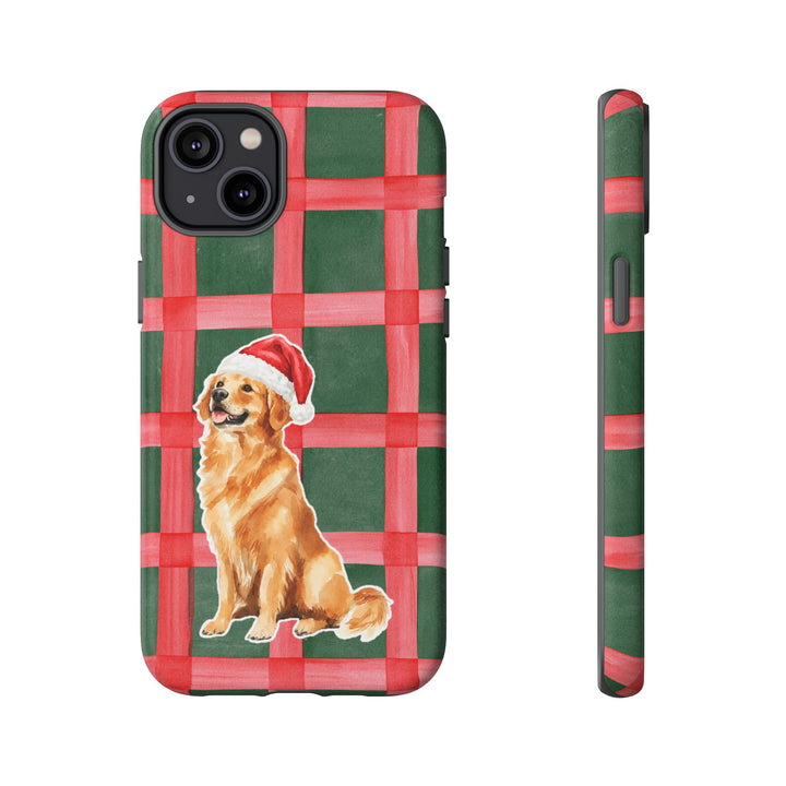Golden Retriever Christmas Tough iPhone Case, Red Green Plaid, Santa Dog Phone Cover