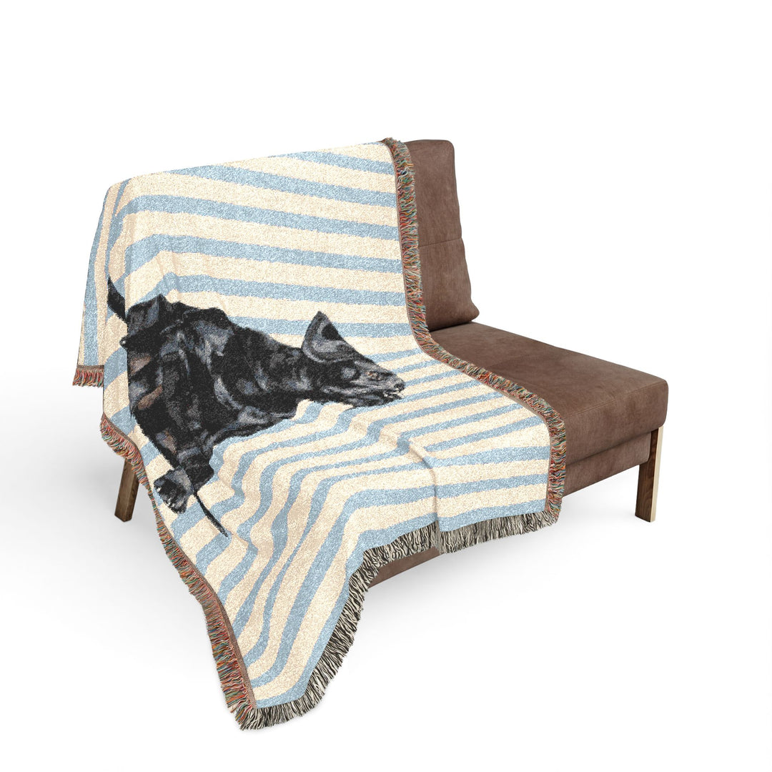 Black Lab Woven Blanket, Blue Stripe Cotton Throw, Labrador Mom Gift, 60 x 50