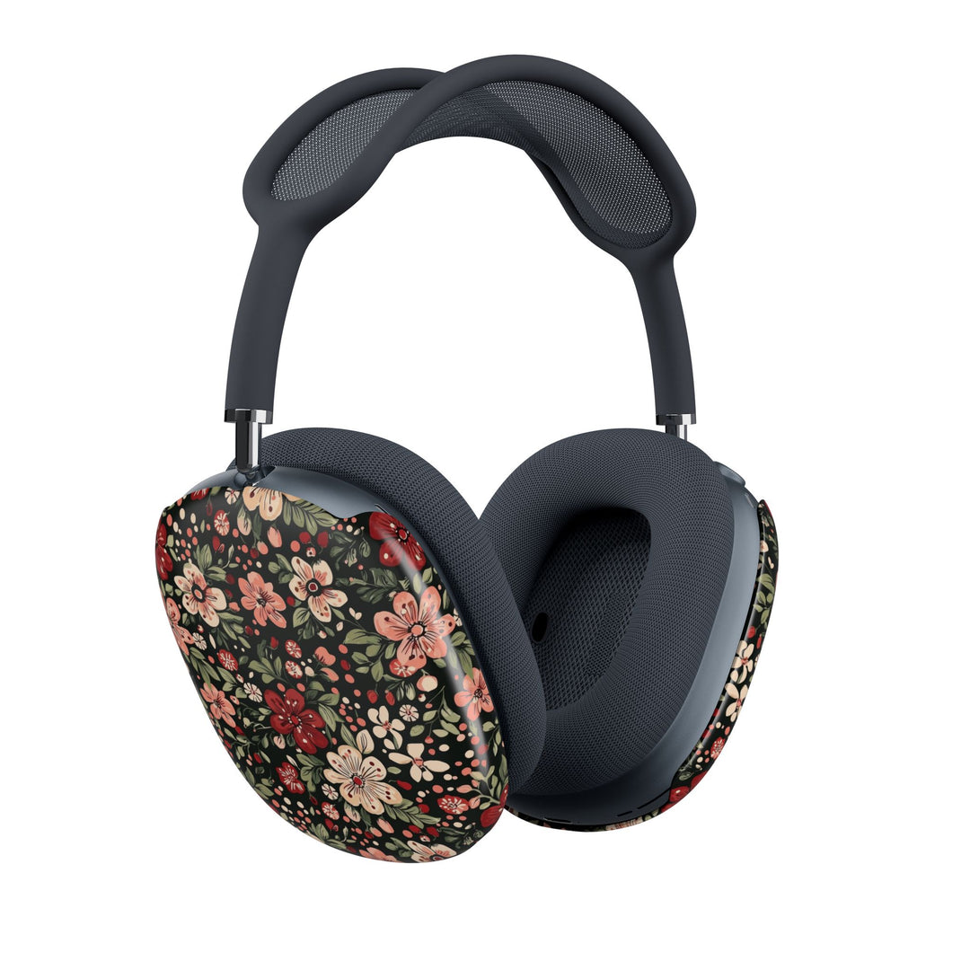 Retro Christmas Floral AirPods Max Case Covers, Dark Botanical Ear Cup Shells, Pink Red Flowers, Matte or Glossy