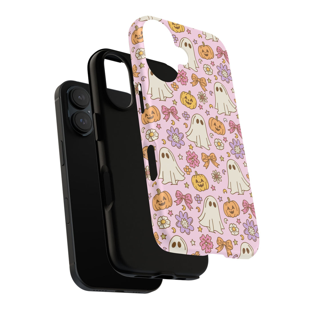 Vintage Ghost Floral Tough iPhone Case, Pink Halloween Pumpkin Bow Phone Cover, Matte or Glossy