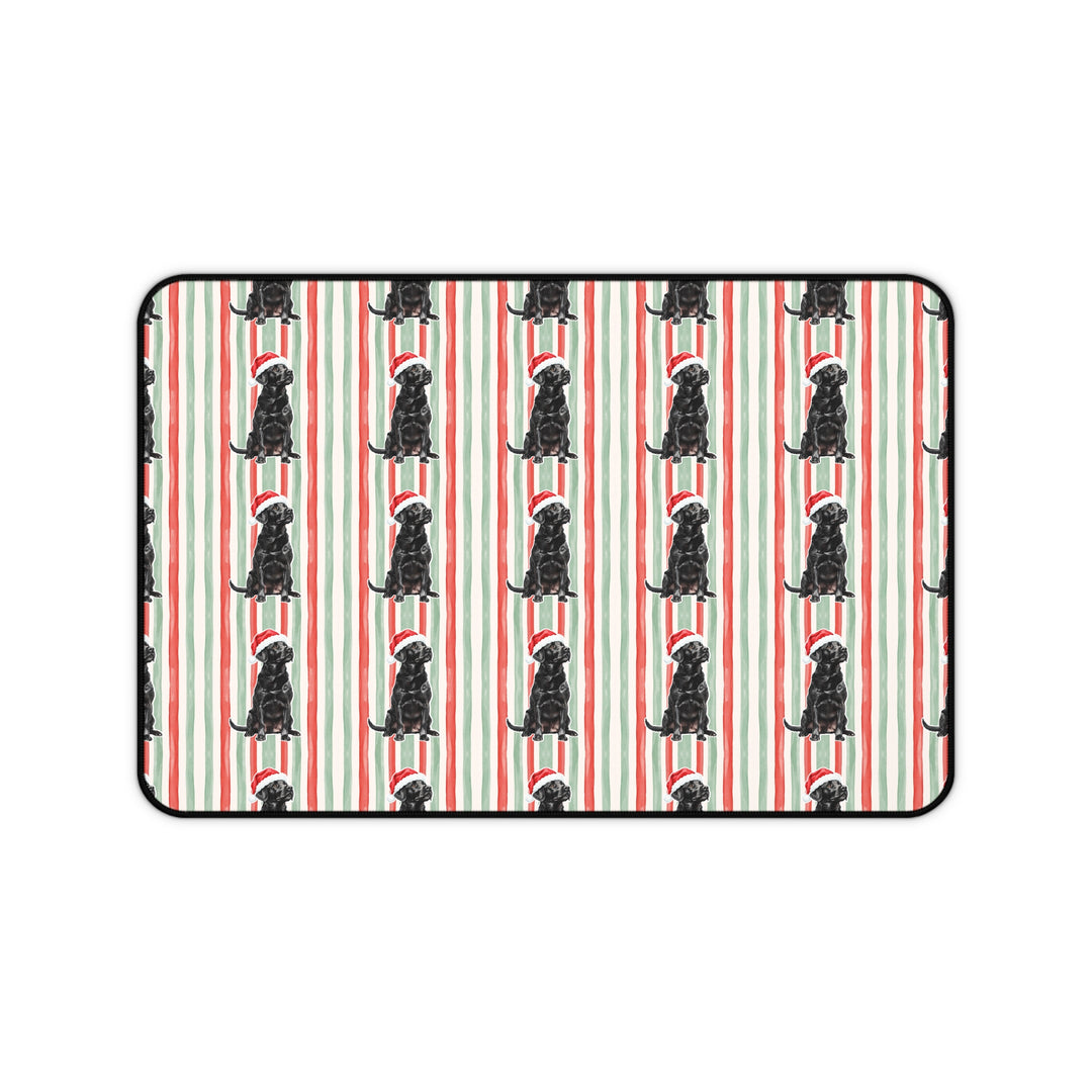 Black Labrador Christmas Desk Mat, Red Sage Stripes, Santa Dog Desk Pad