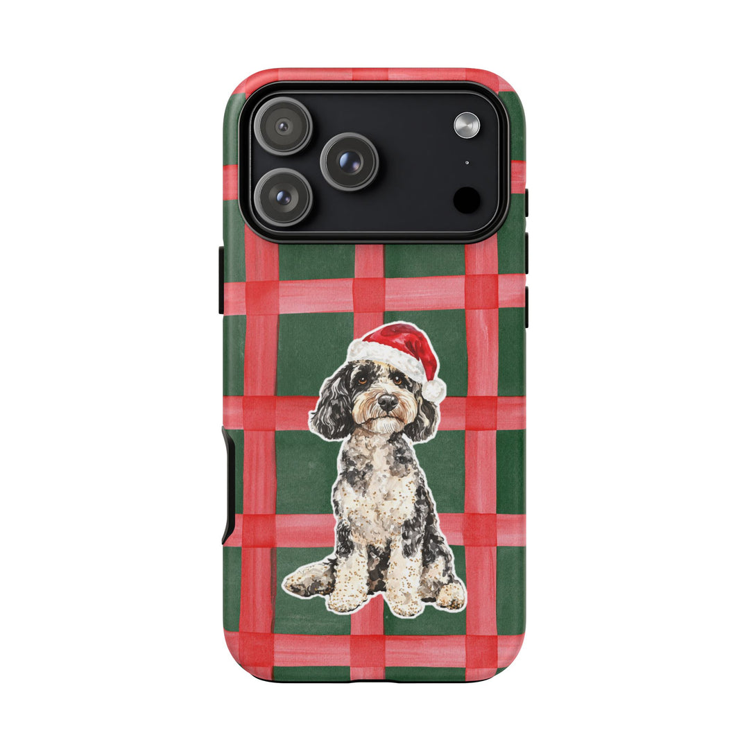 Doodle Christmas Tough iPhone Case, Red Green Plaid, Santa Dog Phone Cover