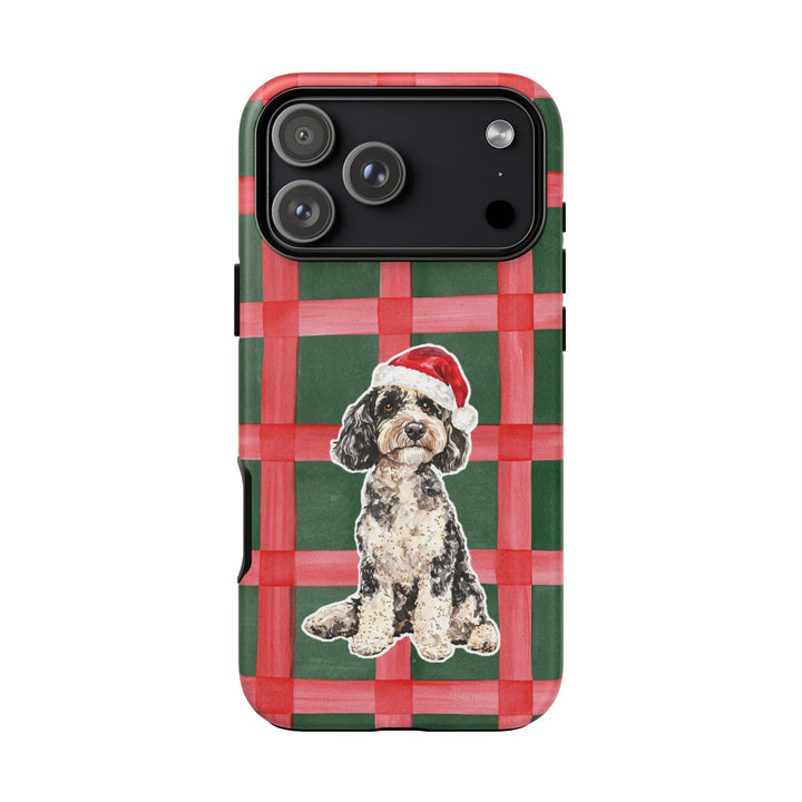 Doodle Christmas Tough iPhone Case, Red Green Plaid, Santa Dog Phone Cover