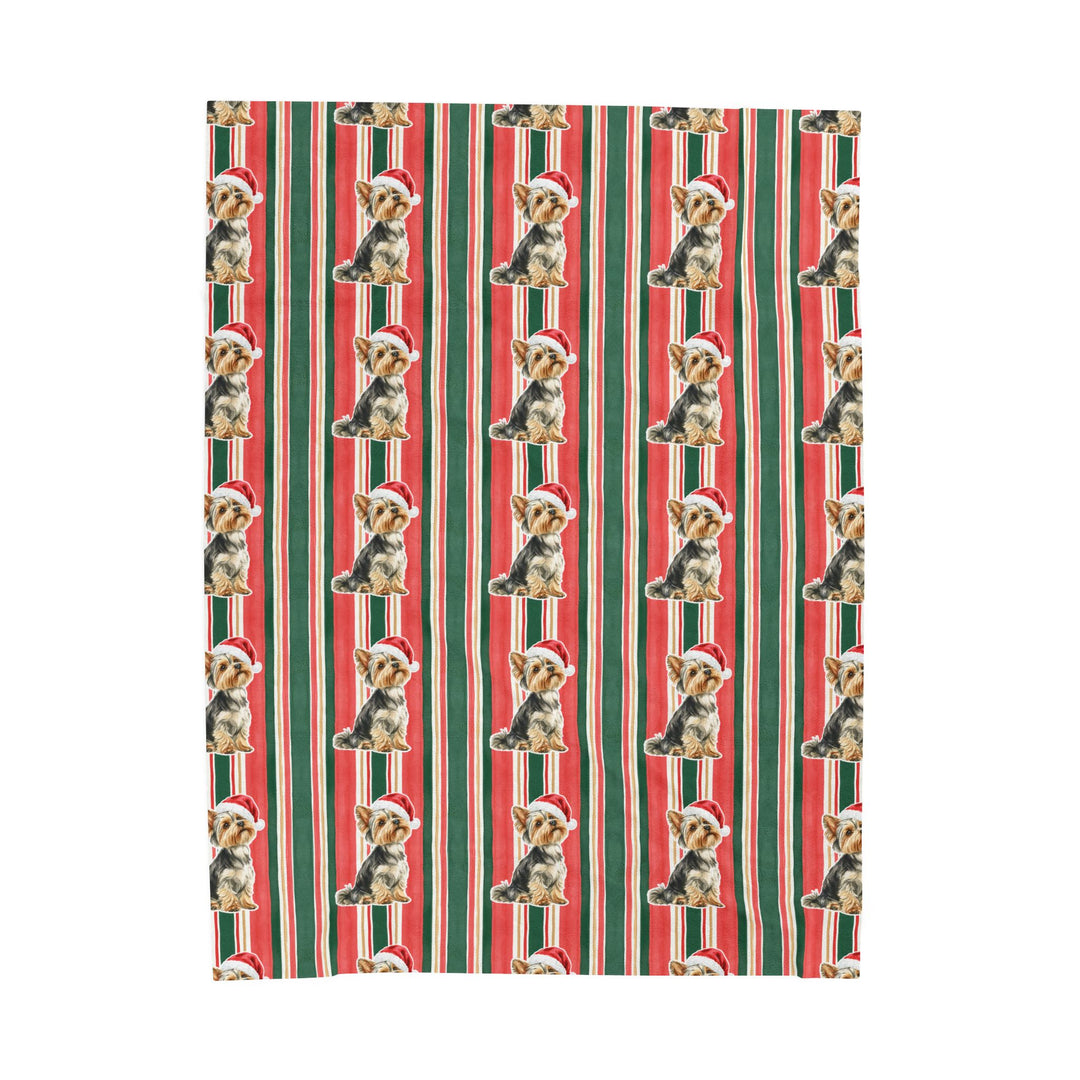 Yorkshire Terrier Christmas Velveteen Plush Blanket, Classic Red Green Stripes, Santa Dog Throw