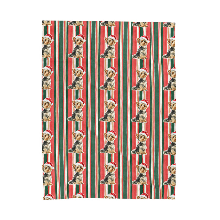 Yorkshire Terrier Christmas Velveteen Plush Blanket, Classic Red Green Stripes, Santa Dog Throw