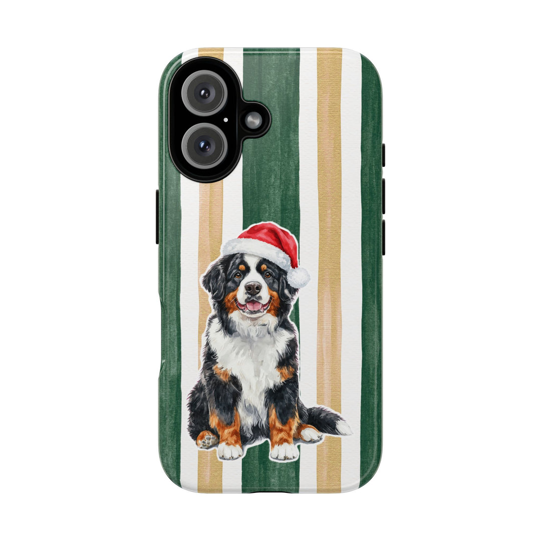 Bernese Mountain Dog Christmas Tough iPhone Case, Green Gold Stripes, Santa Dog Phone Cover