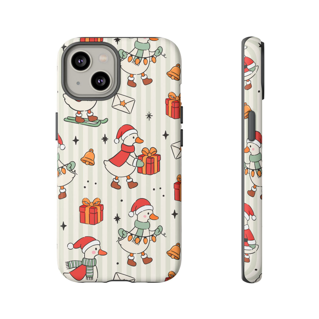 Christmas Goose Tough iPhone Case, Cute Holiday Geese Green Stripe Phone Cover, Matte or Glossy