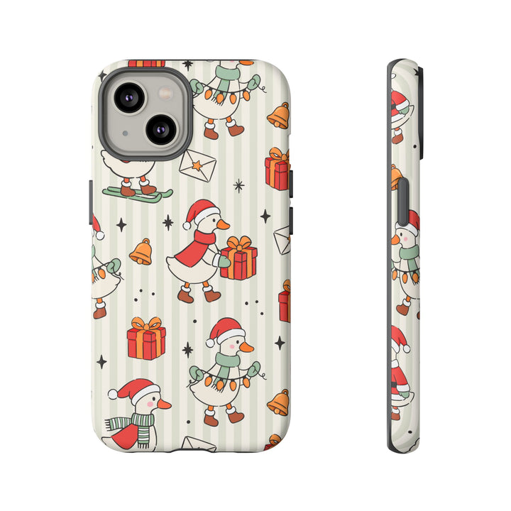 Christmas Goose Tough iPhone Case, Cute Holiday Geese Green Stripe Phone Cover, Matte or Glossy