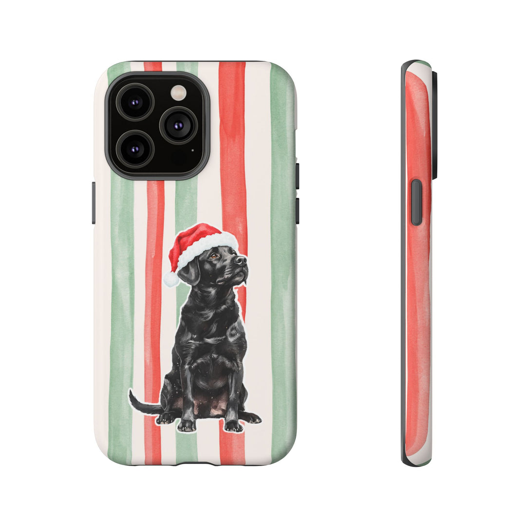 Black Labrador Christmas Tough iPhone Case, Red Sage Stripes, Santa Dog Phone Cover