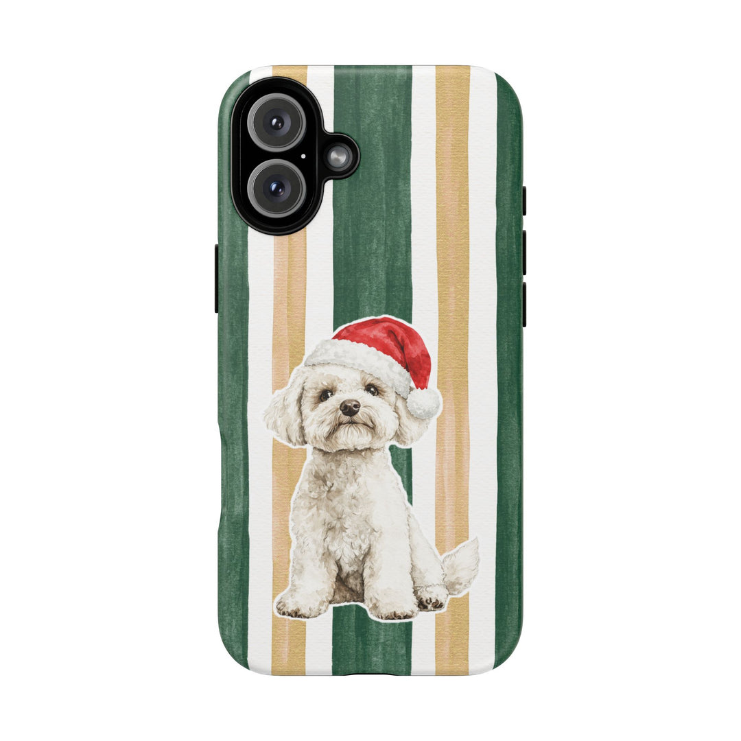 Maltese Christmas Tough iPhone Case, Green Gold Stripes, Santa Dog Phone Cover