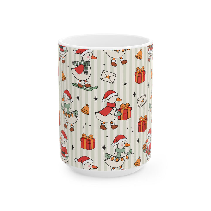 Christmas Goose Ceramic Mug, Cute Holiday Geese Coffee Cup, Sage Stripe Christmas Gift, 11oz and 15oz