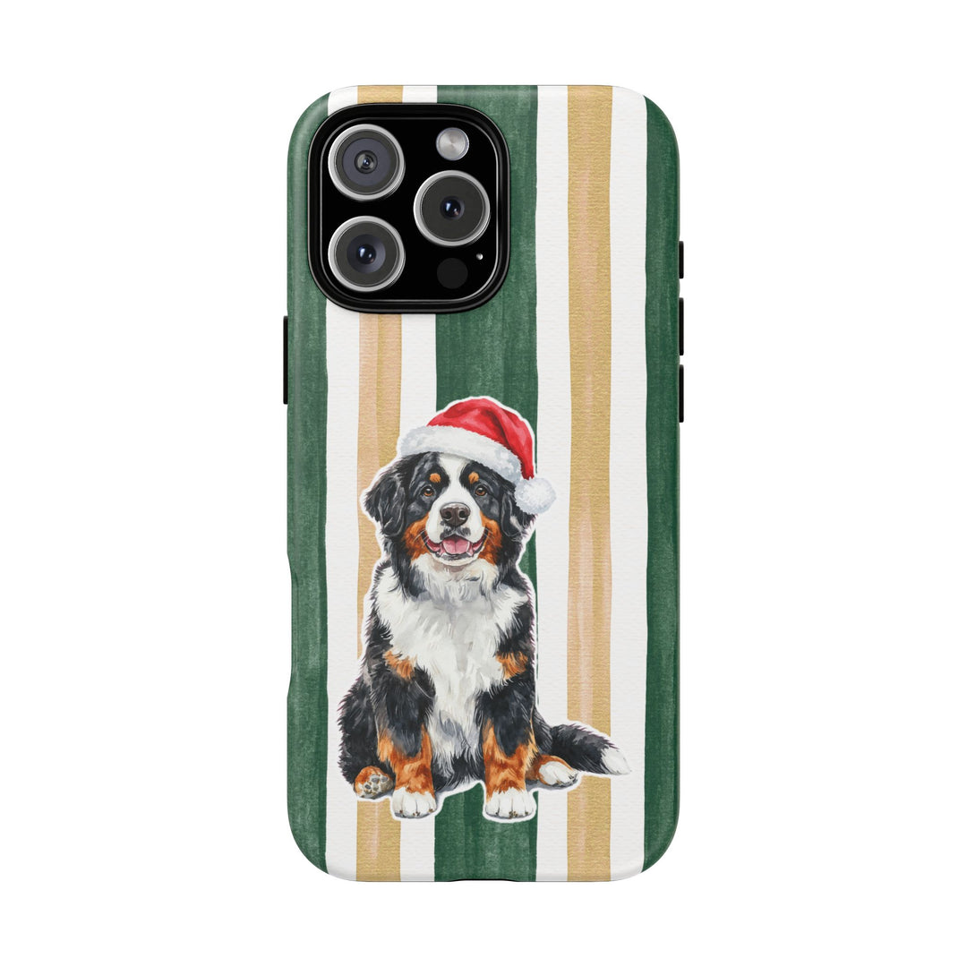 Bernese Mountain Dog Christmas Tough iPhone Case, Green Gold Stripes, Santa Dog Phone Cover