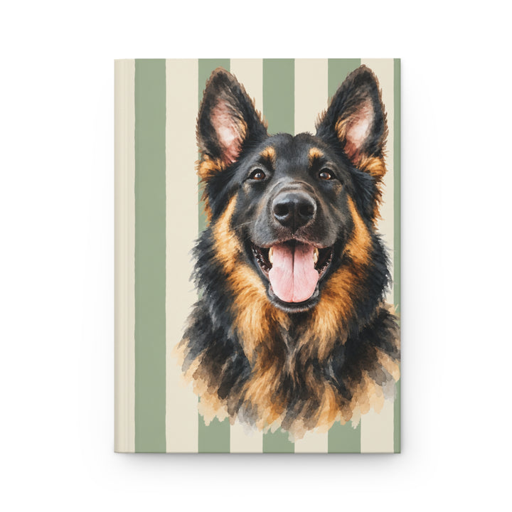 Custom Watercolor Dog Hardcover Notebook, Green and Cream Striped Pet Photo Journal