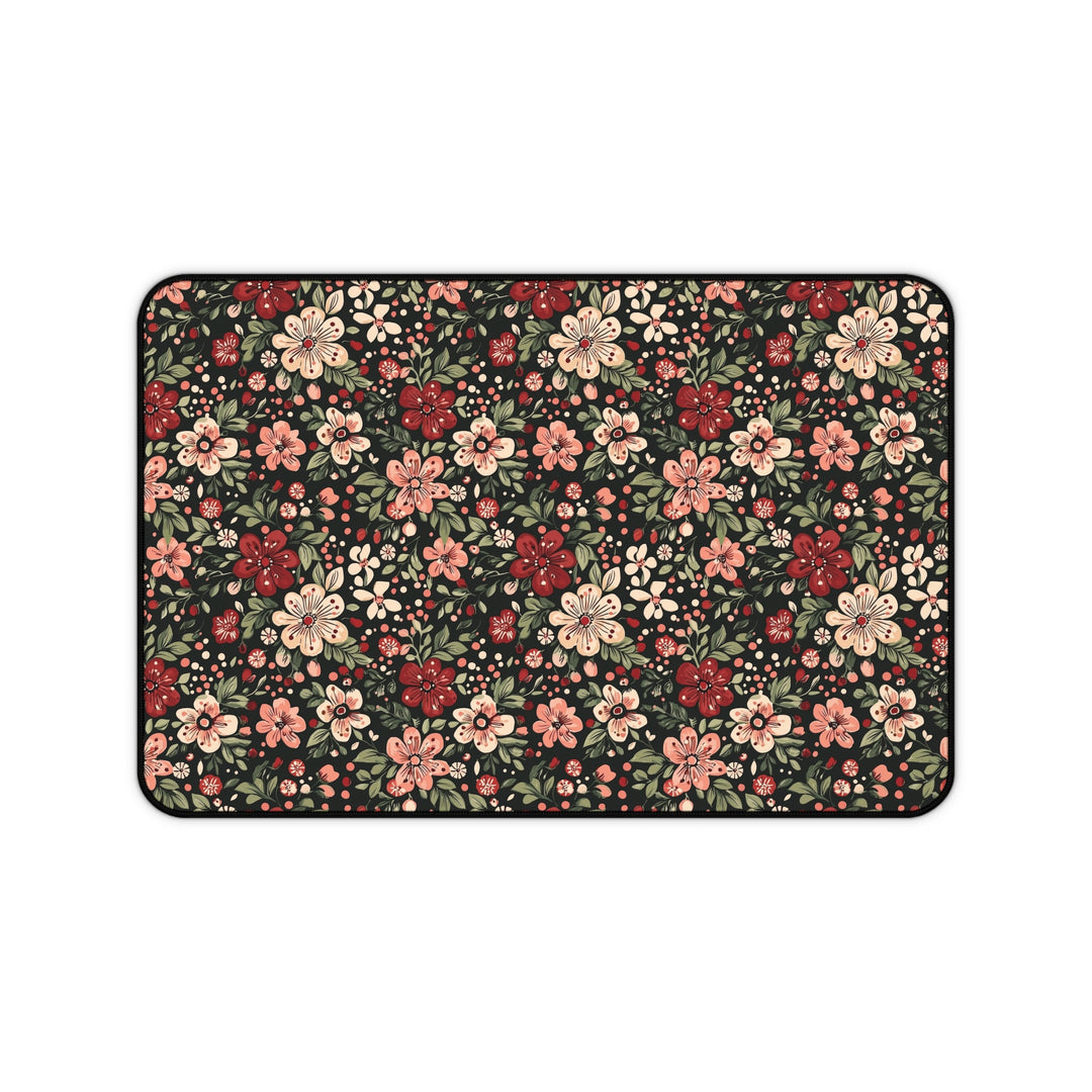 Retro Christmas Floral Desk Mat, Dark Botanical Holiday Desk Pad, Pink and Red Flower Office Decor