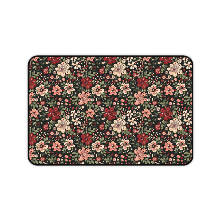 Retro Christmas Floral Desk Mat, Dark Botanical Holiday Desk Pad, Pink and Red Flower Office Decor