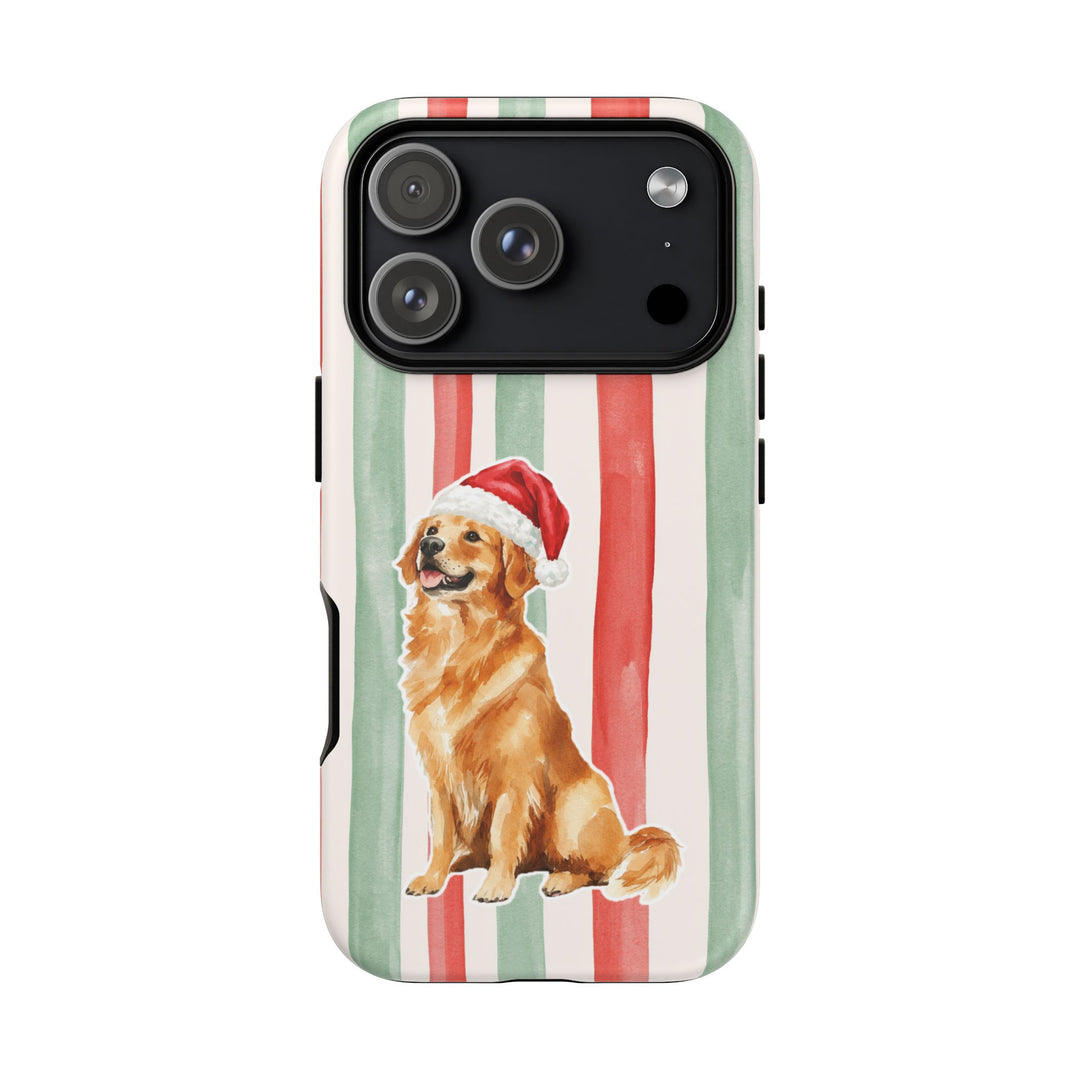 Golden Retriever Christmas Tough iPhone Case, Red Sage Stripes, Santa Dog Phone Cover