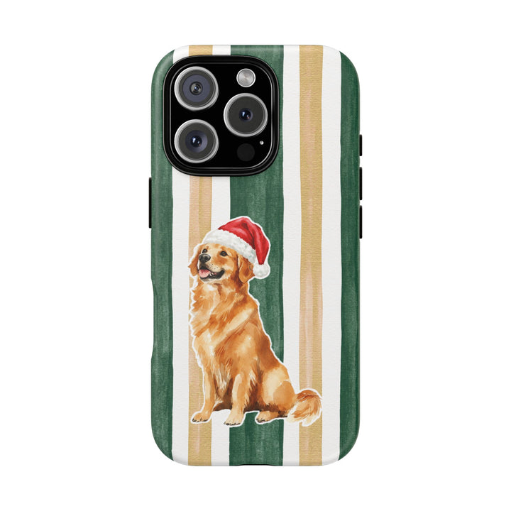 Golden Retriever Christmas Tough iPhone Case, Green Gold Stripes, Santa Dog Phone Cover