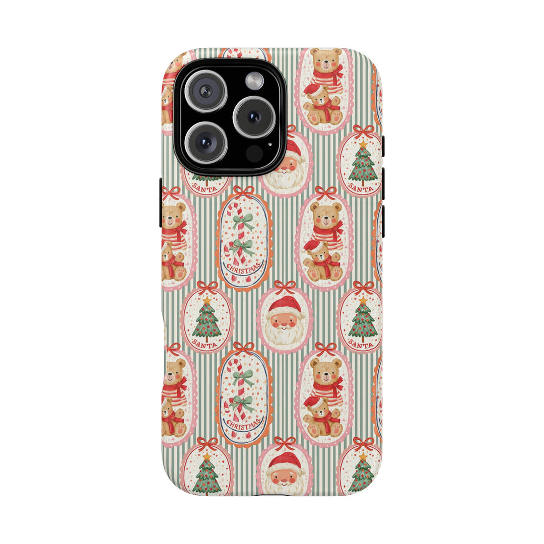 Vintage Santa Teddy Bear Tough iPhone Case, Christmas Candy Cane Green Stripe Phone Cover, Matte or Glossy