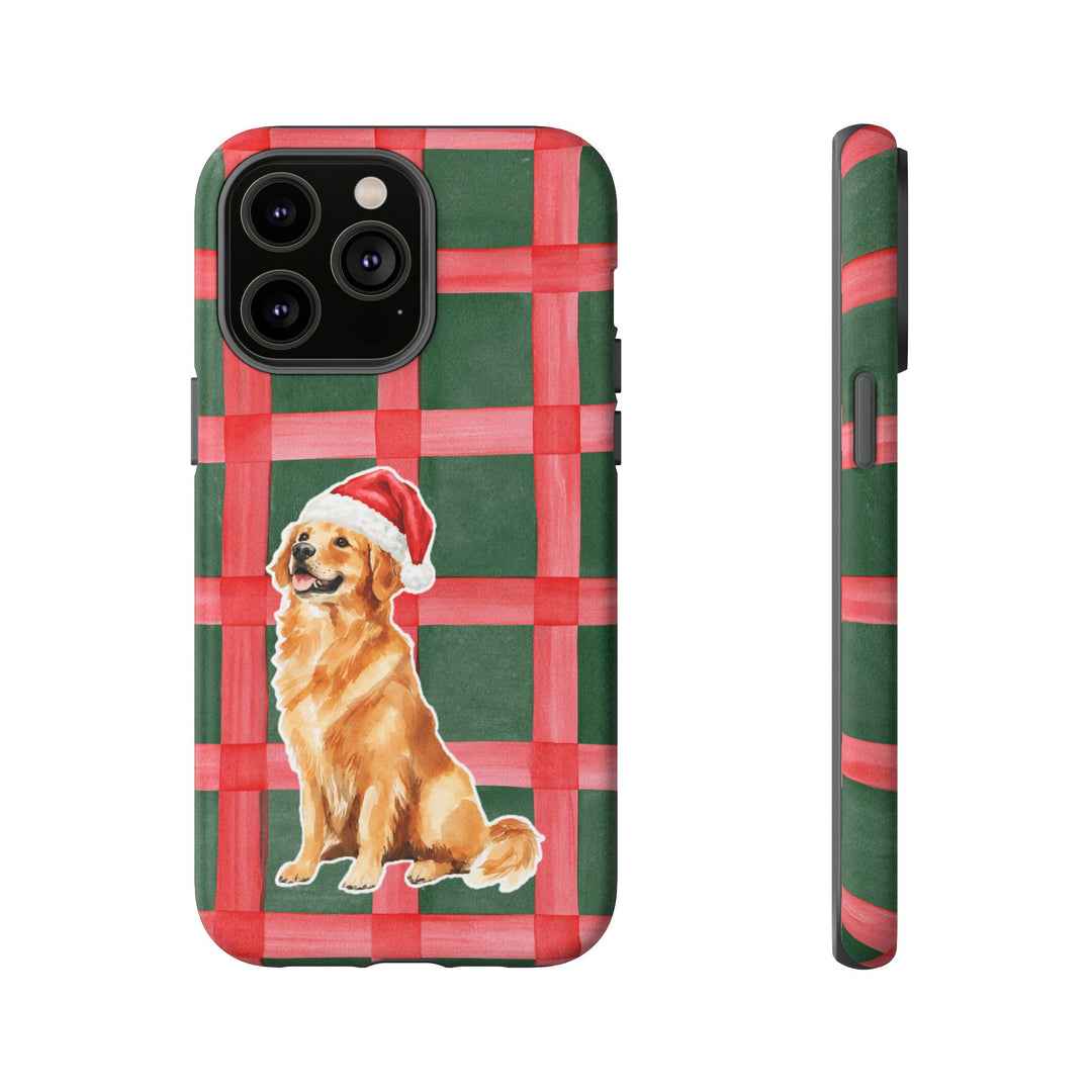 Golden Retriever Christmas Tough iPhone Case, Red Green Plaid, Santa Dog Phone Cover