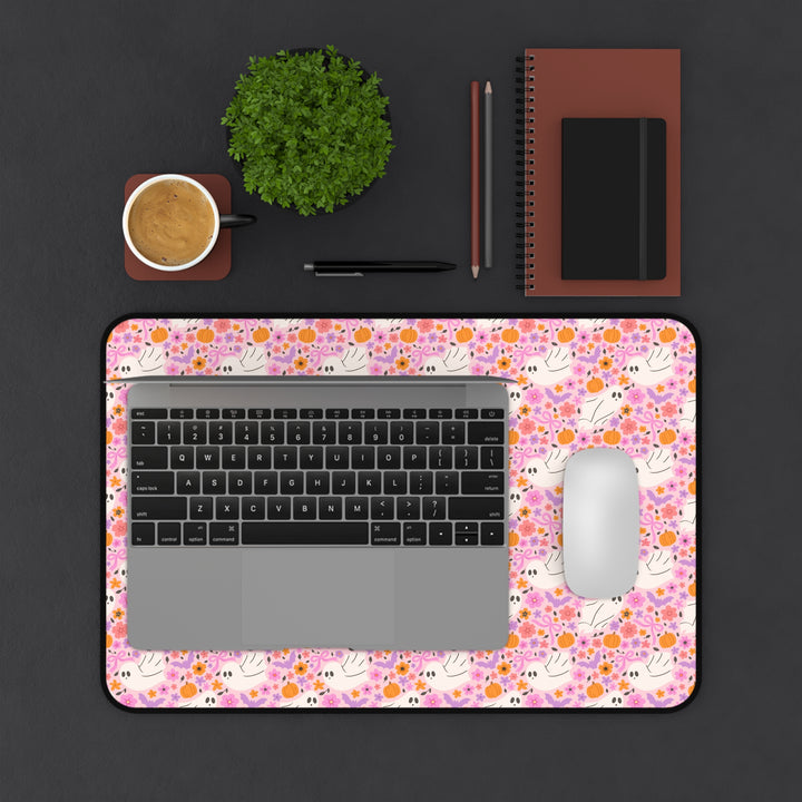 Pink Floral Ghost Desk Mat, Cute Halloween Pumpkin and Bat Desk Pad, Pastel Spooky Large Mouse Pad