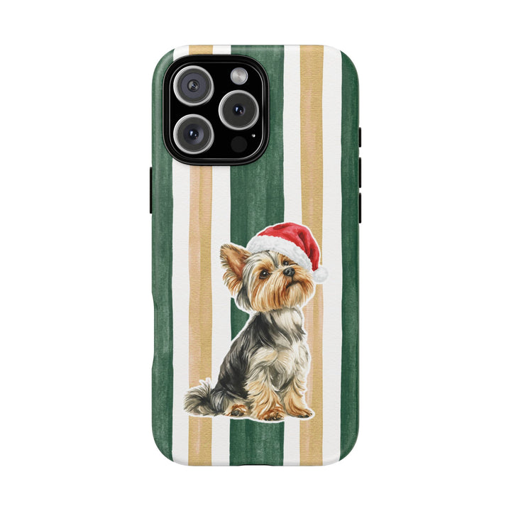 Yorkshire Terrier Christmas Tough iPhone Case, Green Gold Stripes, Santa Dog Phone Cover