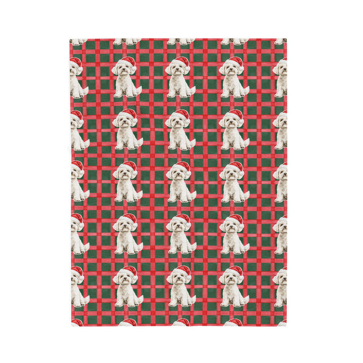 Maltese Christmas Velveteen Plush Blanket, Red Green Plaid, Santa Dog Throw