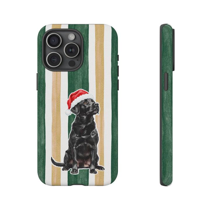 Black Labrador Christmas Tough iPhone Case, Green Gold Stripes, Santa Dog Phone Cover