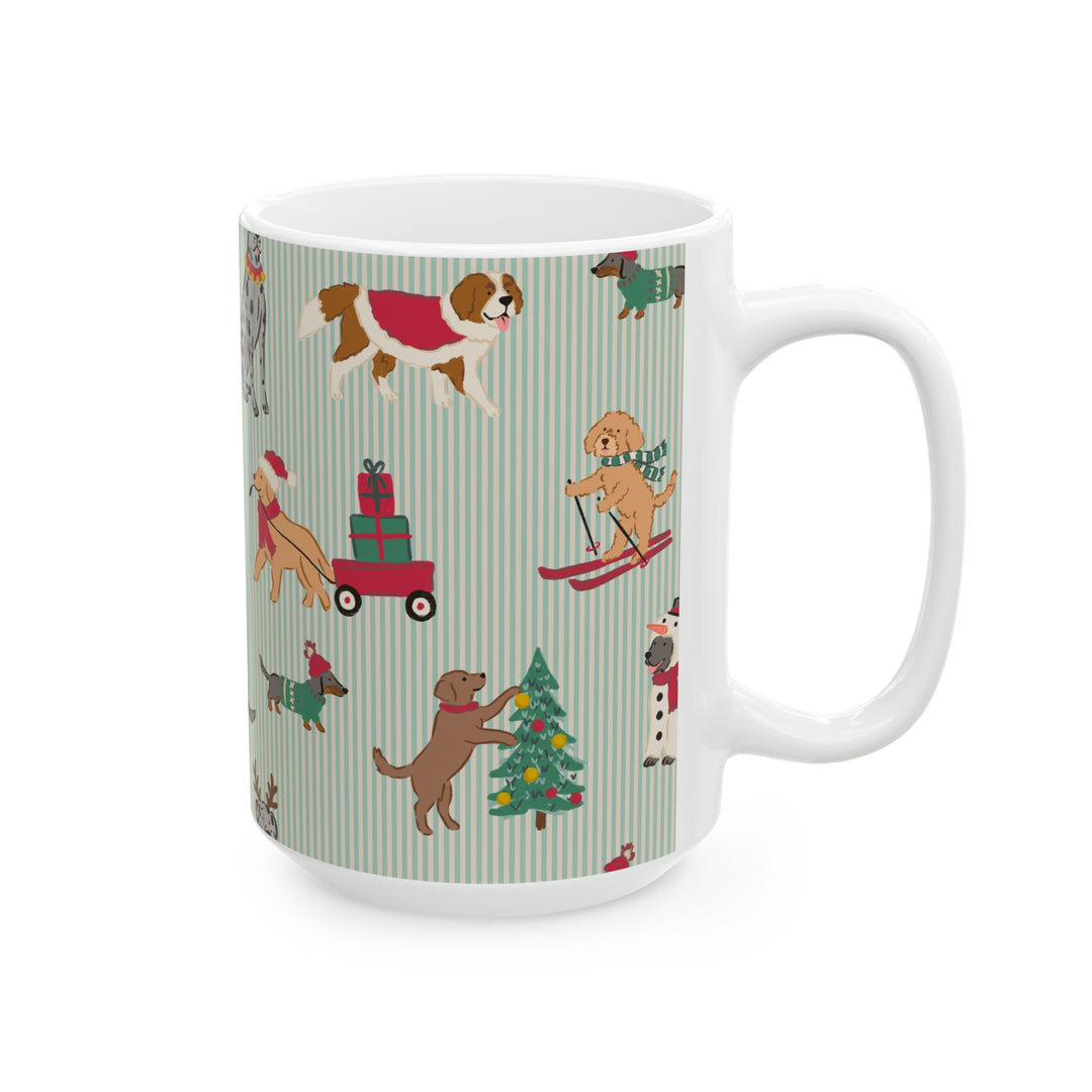 Christmas Dog Ceramic Mug, Green Stripe Holiday Coffee Cup, Festive Puppy Gift, 11oz and 15oz