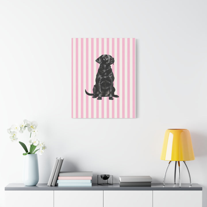 Black Lab Canvas Wall Art, Pink Stripe Labrador Stretched Canvas, Lab Mom Gift