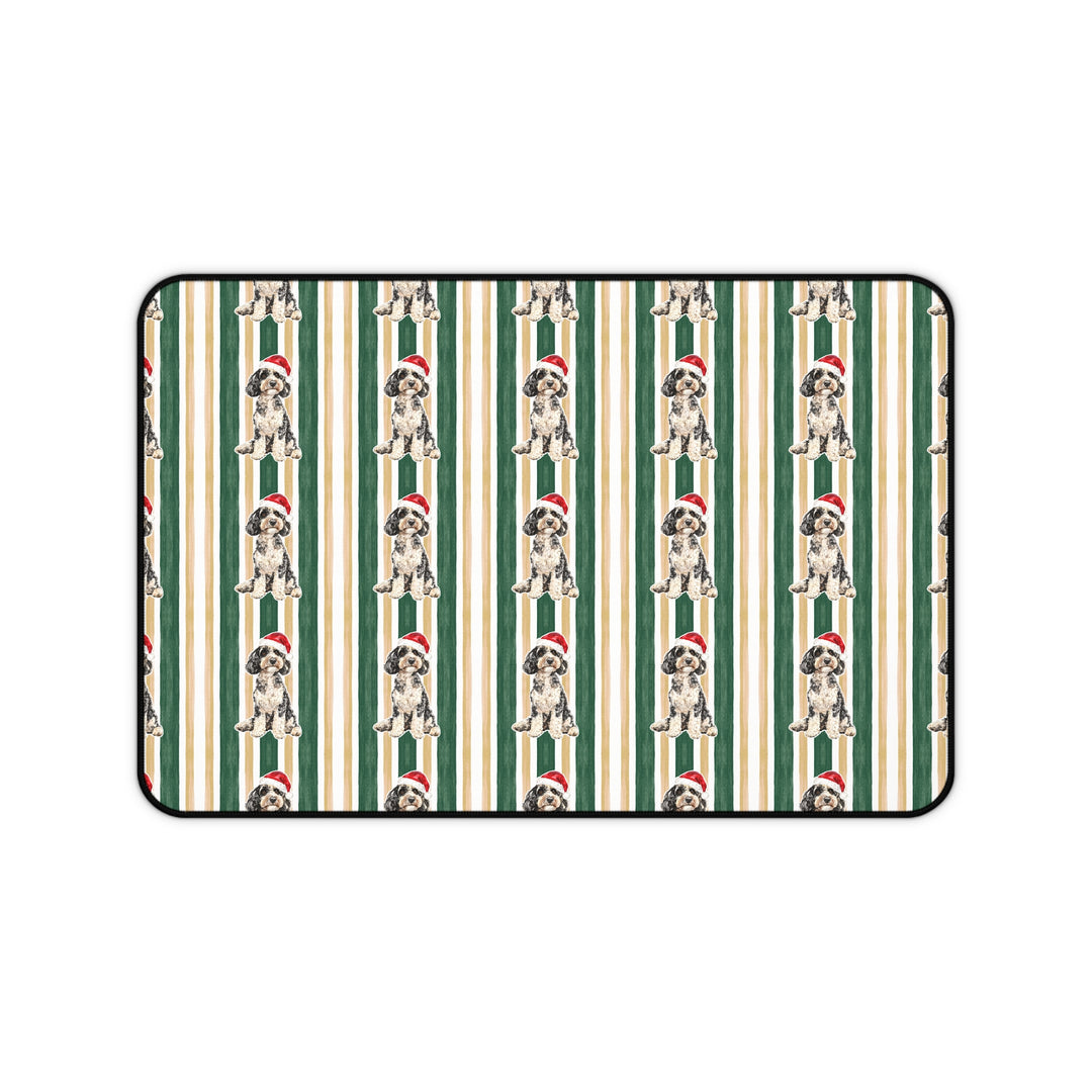 Doodle Christmas Desk Mat, Green Gold Stripes, Santa Dog Desk Pad